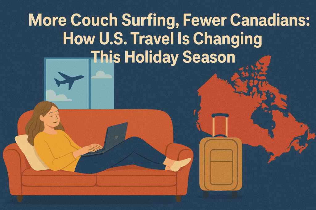 More Couch Surfing, Fewer Canadians: How U.S. Travel Is Changing This Holiday Season Cozy Couch Surfing Illustration